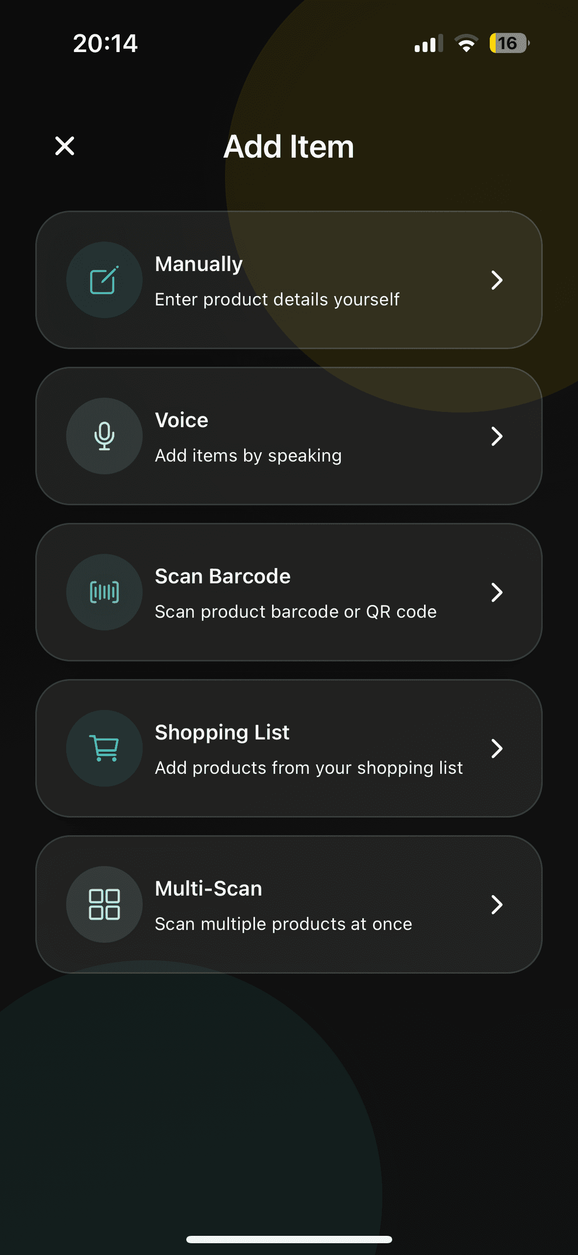 Add item screen: add food by photo, voice, barcode or multi-scan