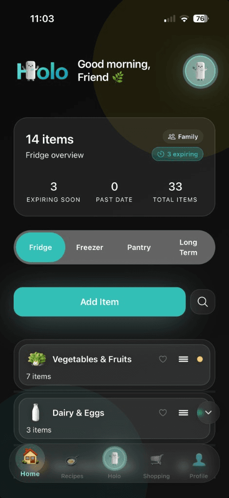 Holo Fridge home screen showing fridge inventory