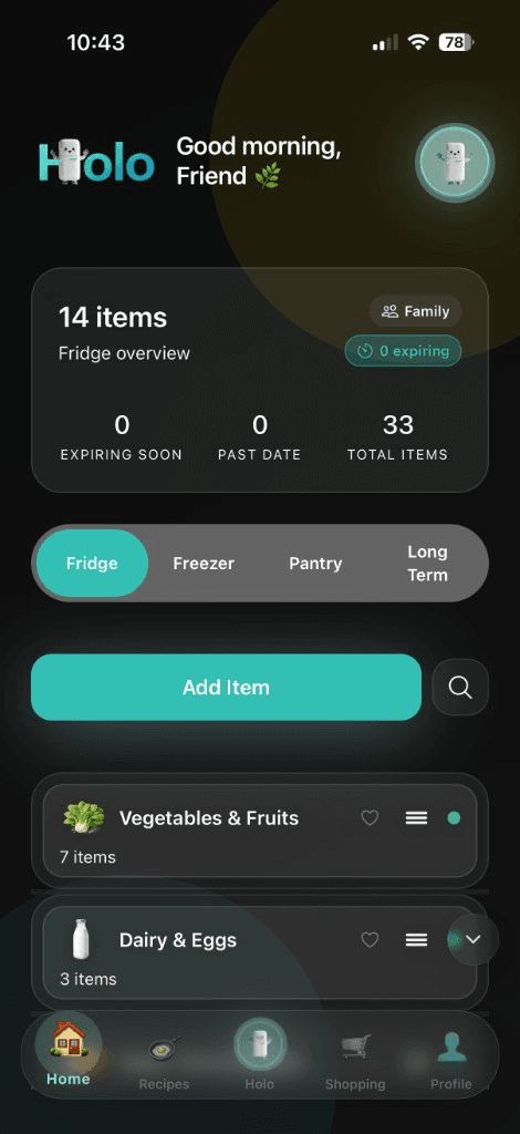 Holo Fridge home screen with categories and item counts