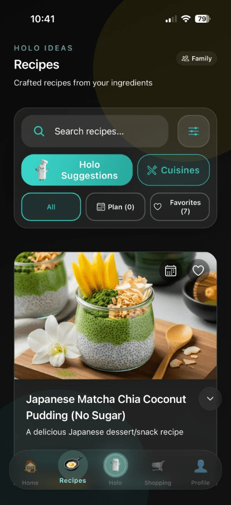 Recipes screen with AI suggestions