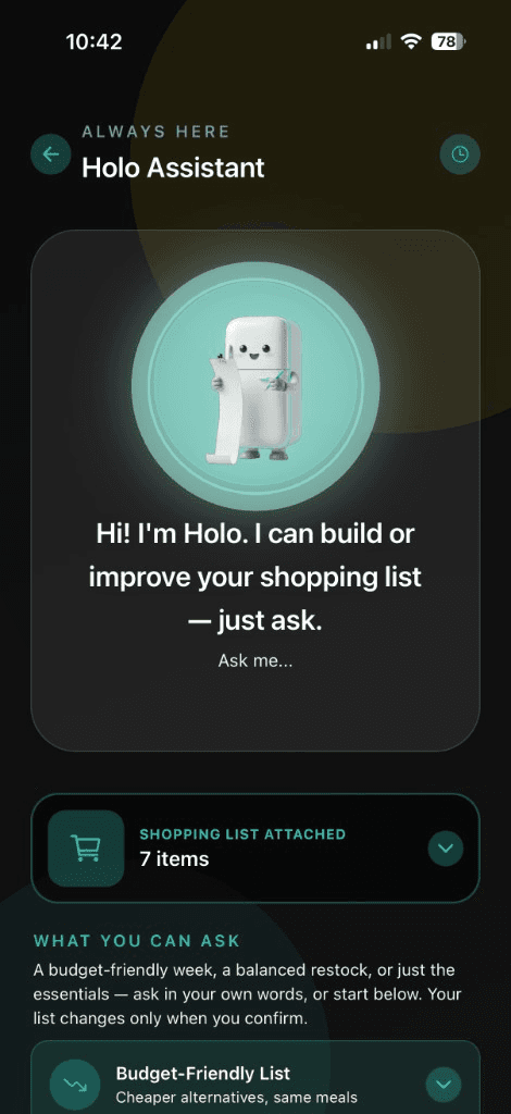 Shopping list with budget and AI assistant